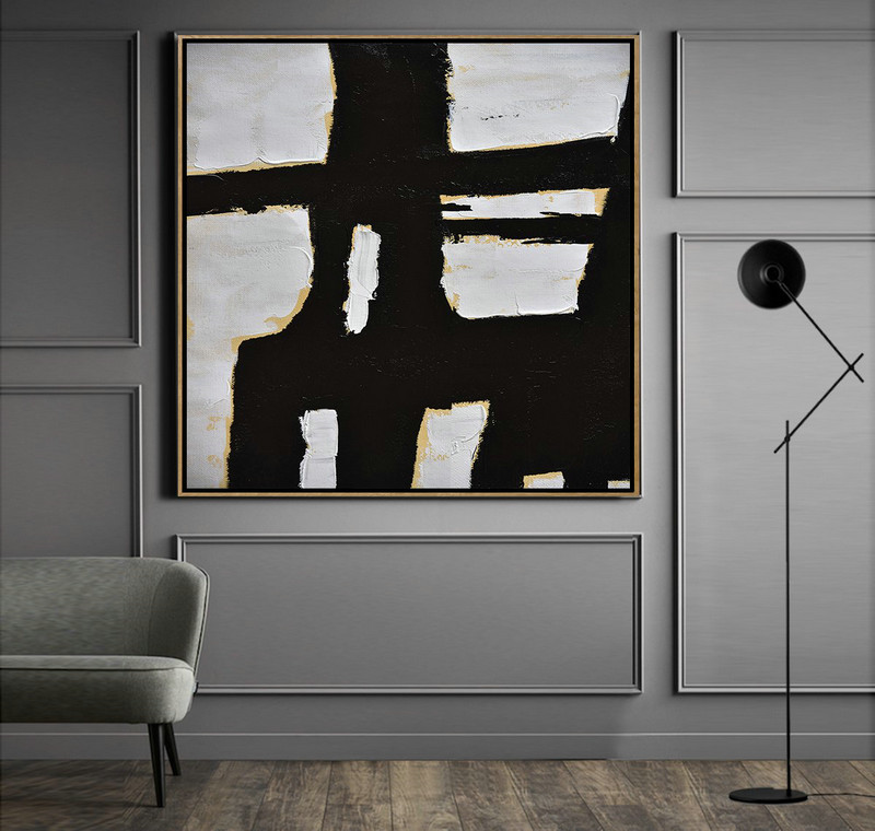 Handmade Large Contemporary Art,Handmade Minimal Art Palette Knife Canvas Painting, Black White Beige - Original Art Acrylic Painting